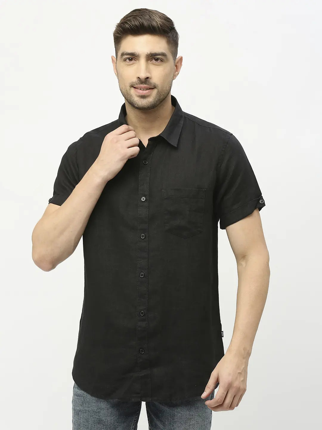 Spykar Men Black Linen Regular Fit Half Sleeve Plain Shirts