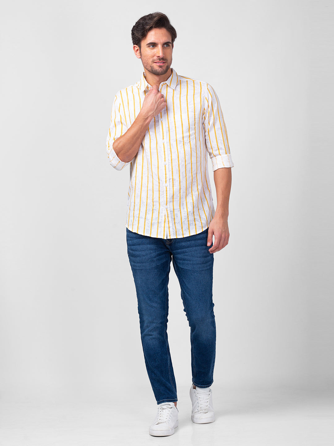 Spykar Men Chrome Yellow Cotton Slim Fit Striped Shirt