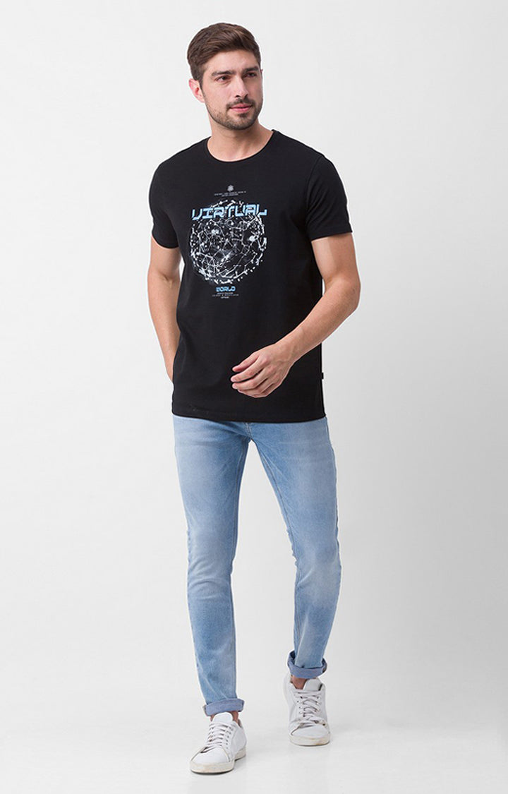Spykar Black Cotton Half Sleeve Printed Casual T-shirt For Men