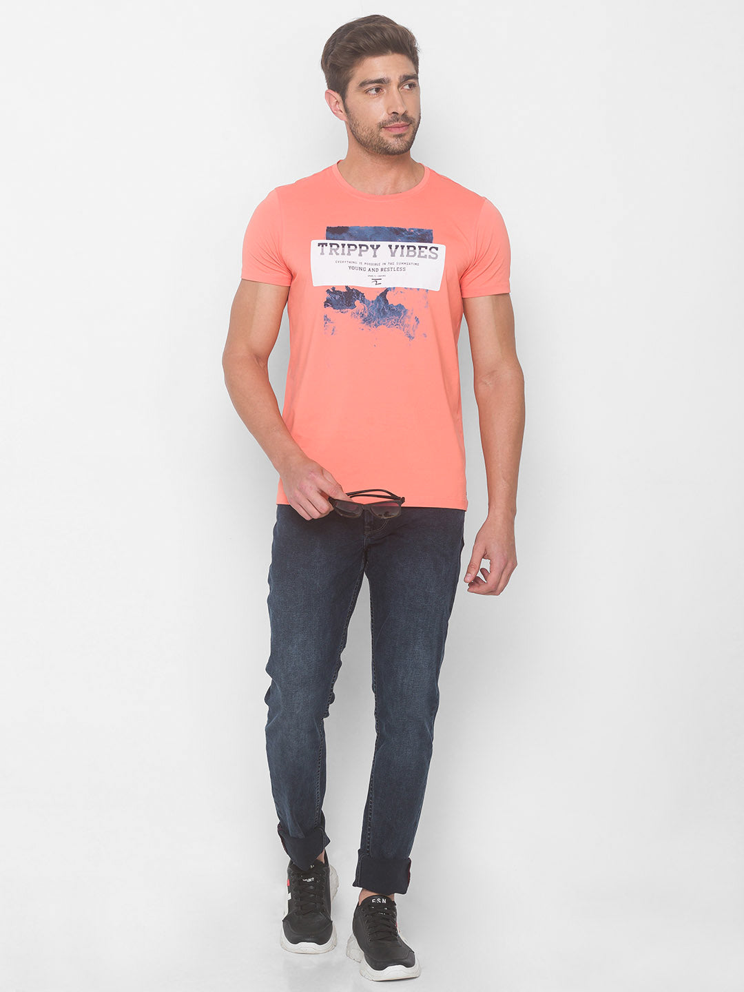 Spykar Men Pink Cotton Slim Fit Round Neck T-Shirt