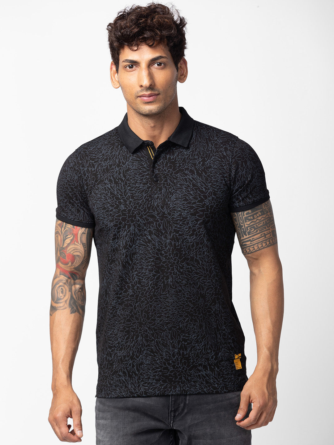 Spykar Men Black Cotton Regular Fit Half Sleeve Printed Polo T-Shirt