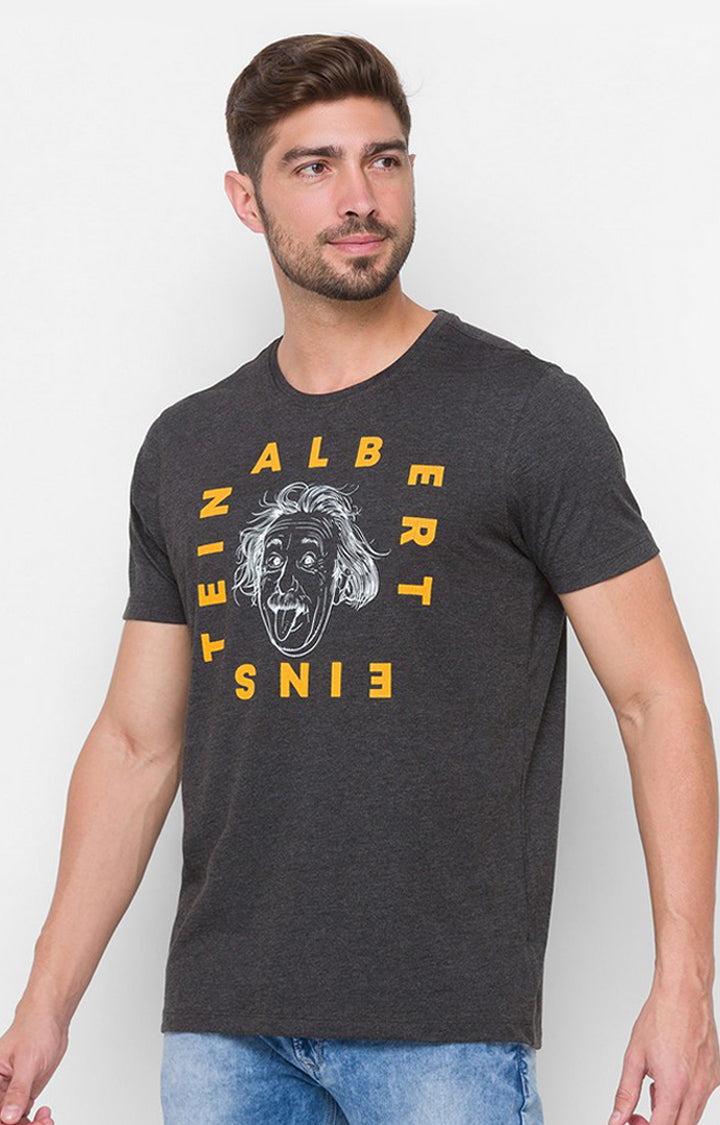 Albert Einstein By Spykar Grey Cotton Slim Fit T-Shirt For Men