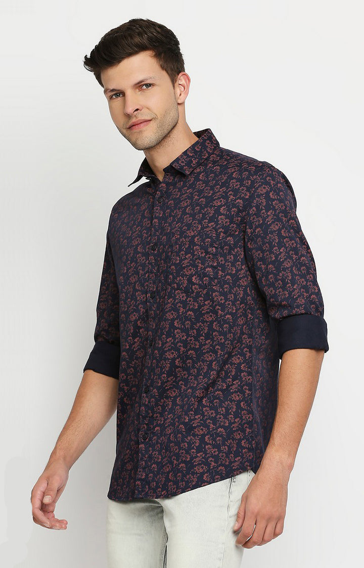 Spykar Men Navy Blue Cotton Slim Fit Floral Print Shirts