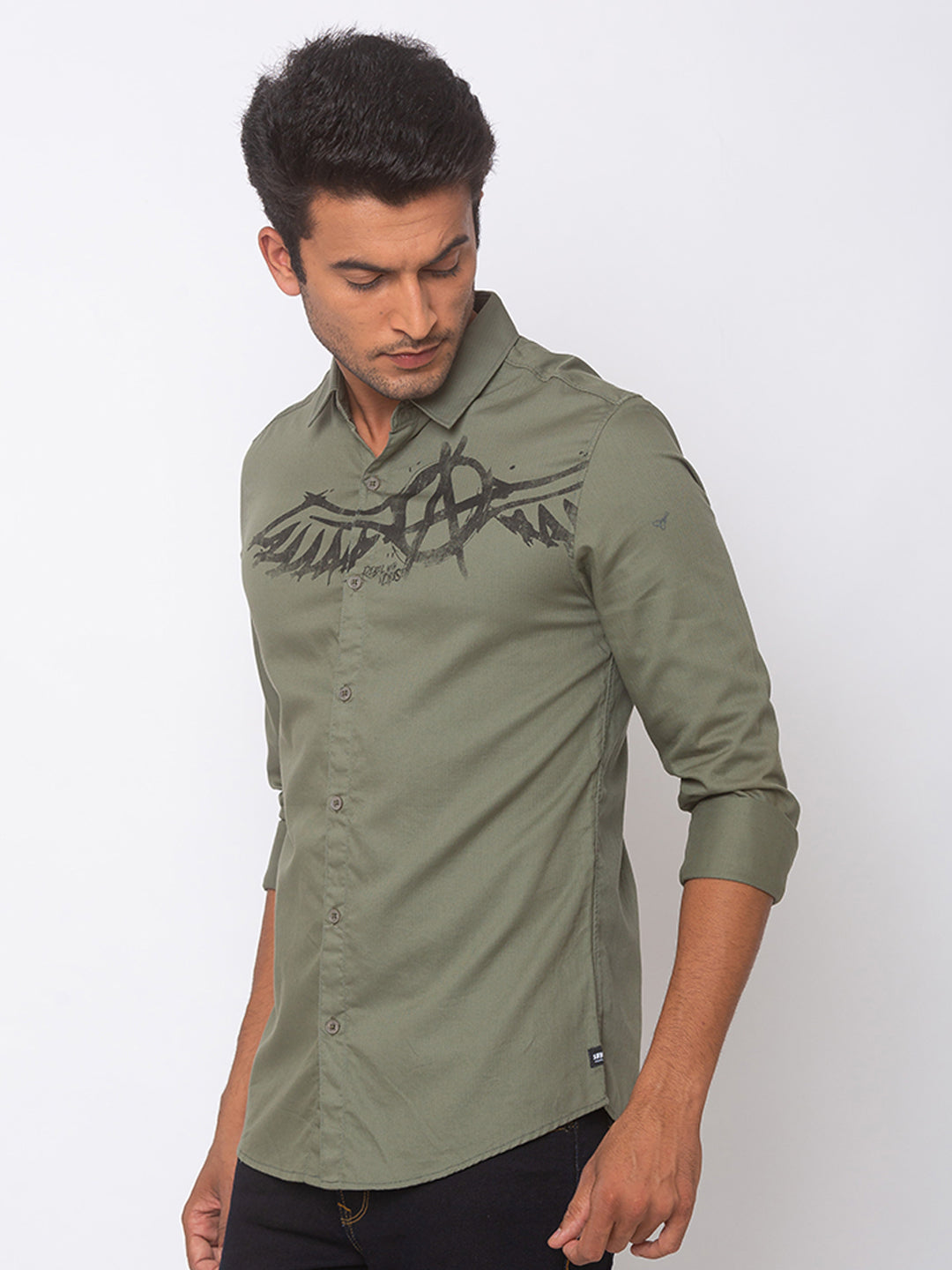 Spykar Men Olive Green Cotton Slim Fit Shirt