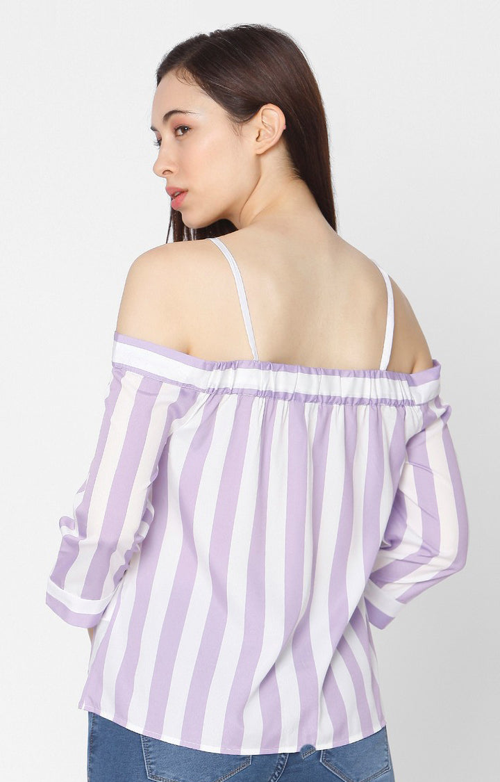 Spykar Slim Fit Purple Sttiped Off Shoulder Cotton Women Shirt