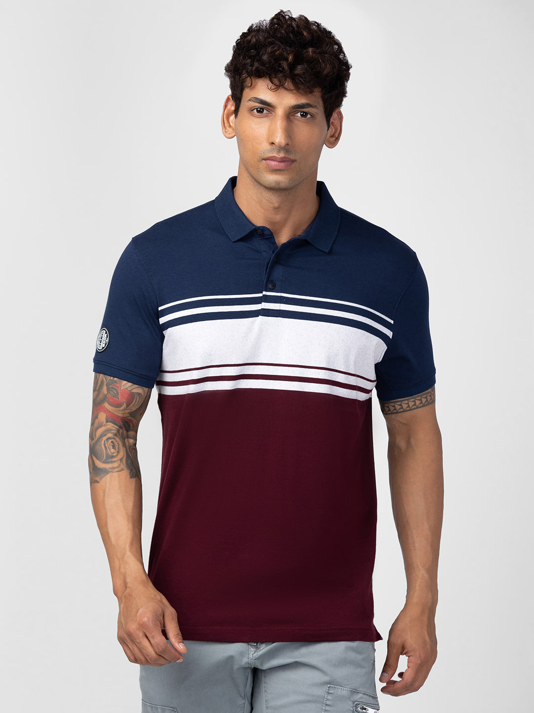 Spykar Men Wine Cotton Regular Fit Half Sleeve Printed Polo T-Shirt