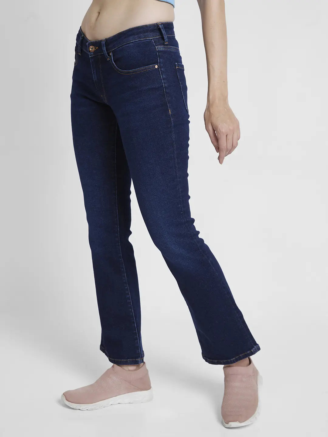Spykar Women Dark Blue Lycra Bootcut Fit Ankle Length Clean Look Jeans -(Elissa-Low)