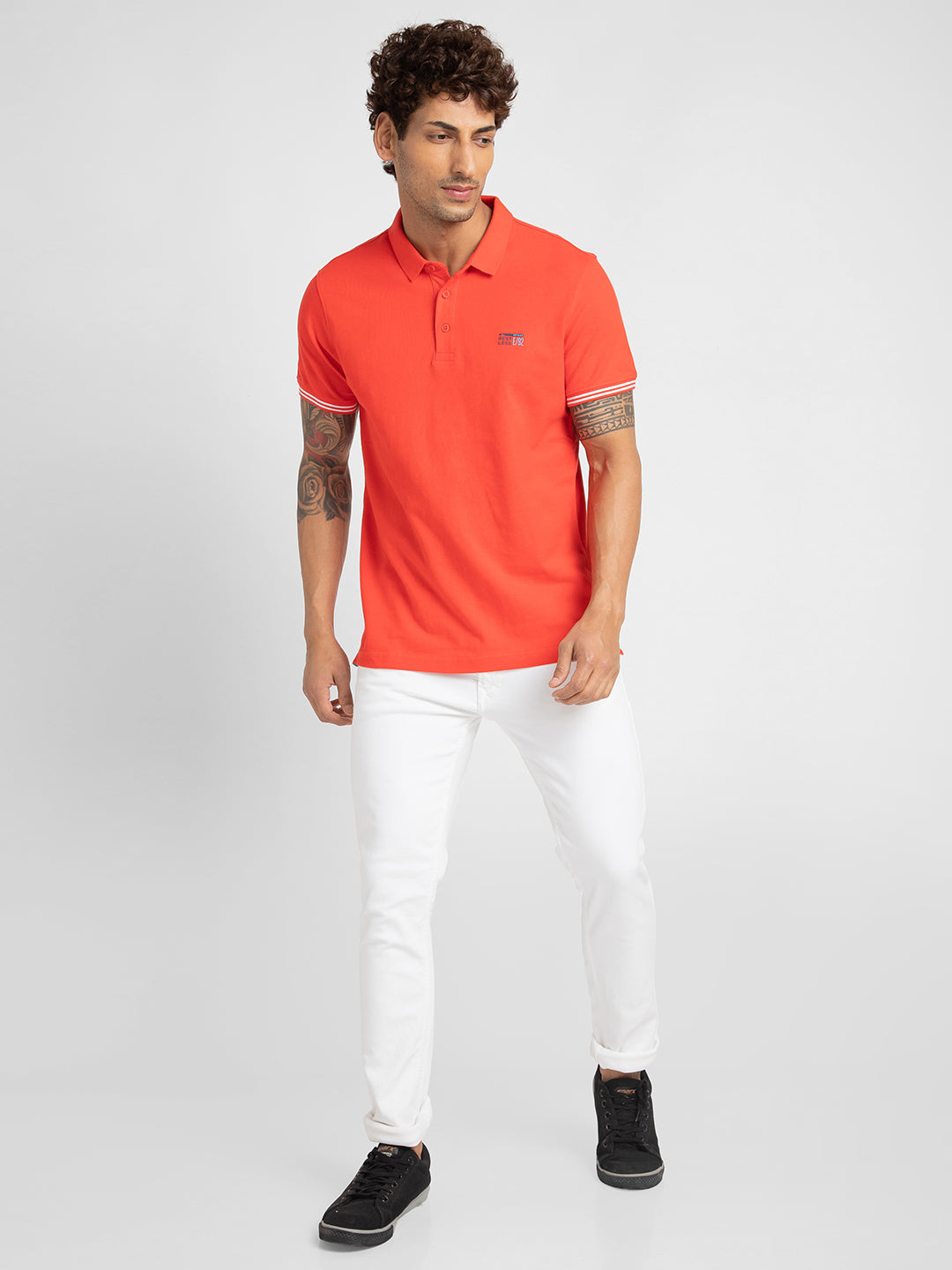 Spykar Men Deep Coral Cotton Slim Fit Plain Polo Neck Tshirt