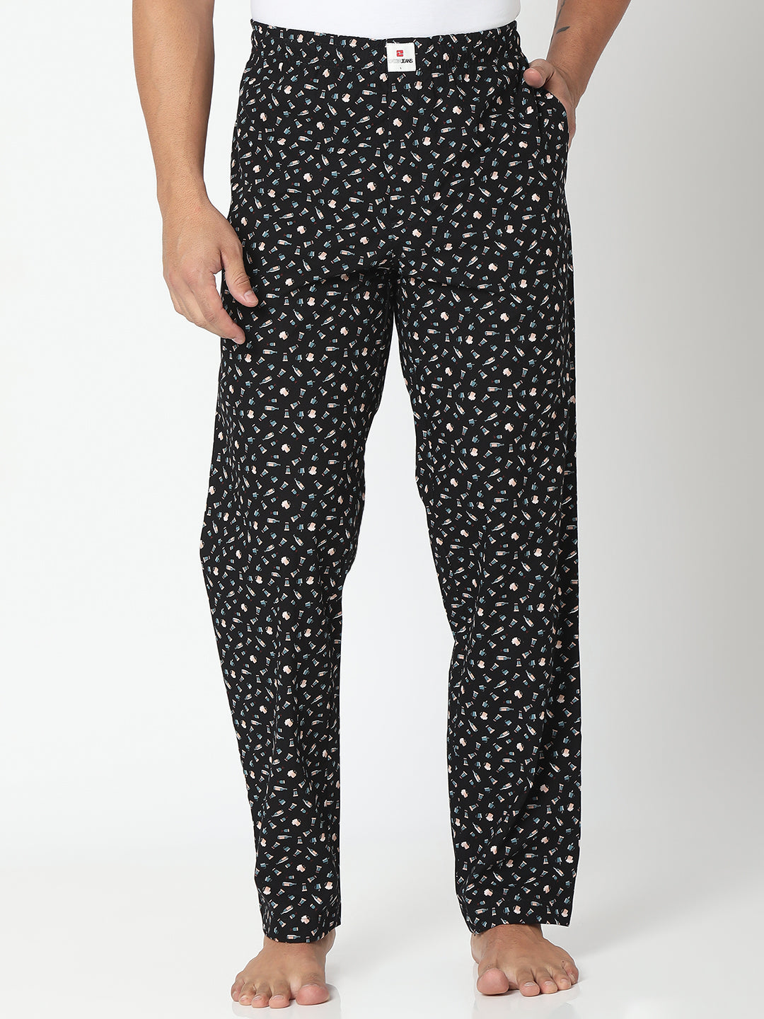 Men Premium Black/Green Cotton Printed Pyjama- UnderJeans By Spykar