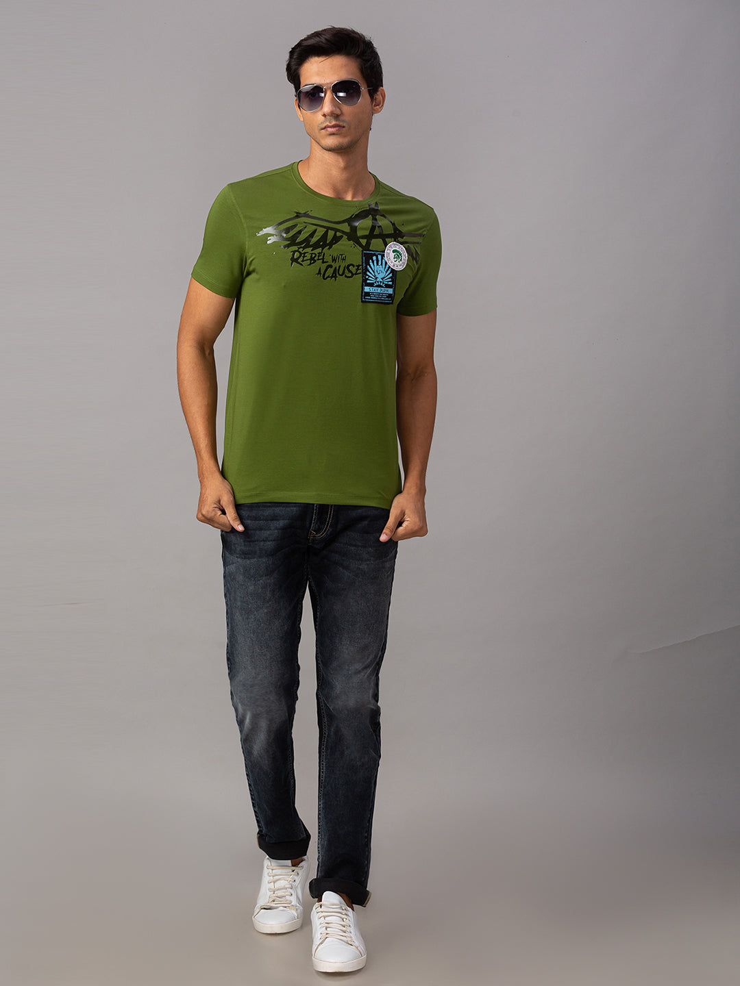 Spykar Men Green Cotton Slim Fit Round Neck T-Shirt