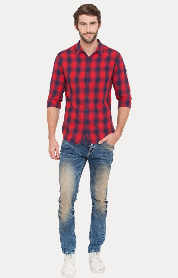 Spykar Men'S Red Cotton Checked Casual Shirts