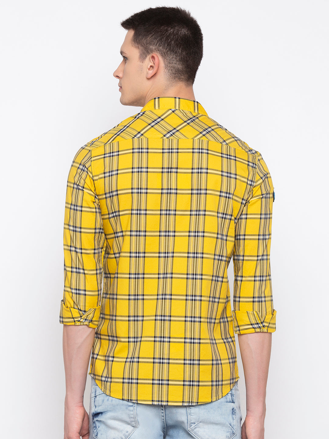 Spykar Men Yellow Checked Slim Fit Casual Shirt