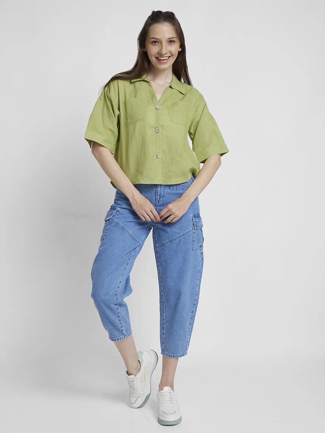 Buy OnlineSpykar Women Bay Leaf Viscose Linen Slim Fit Half Sleeve Plain  Crop Shirt