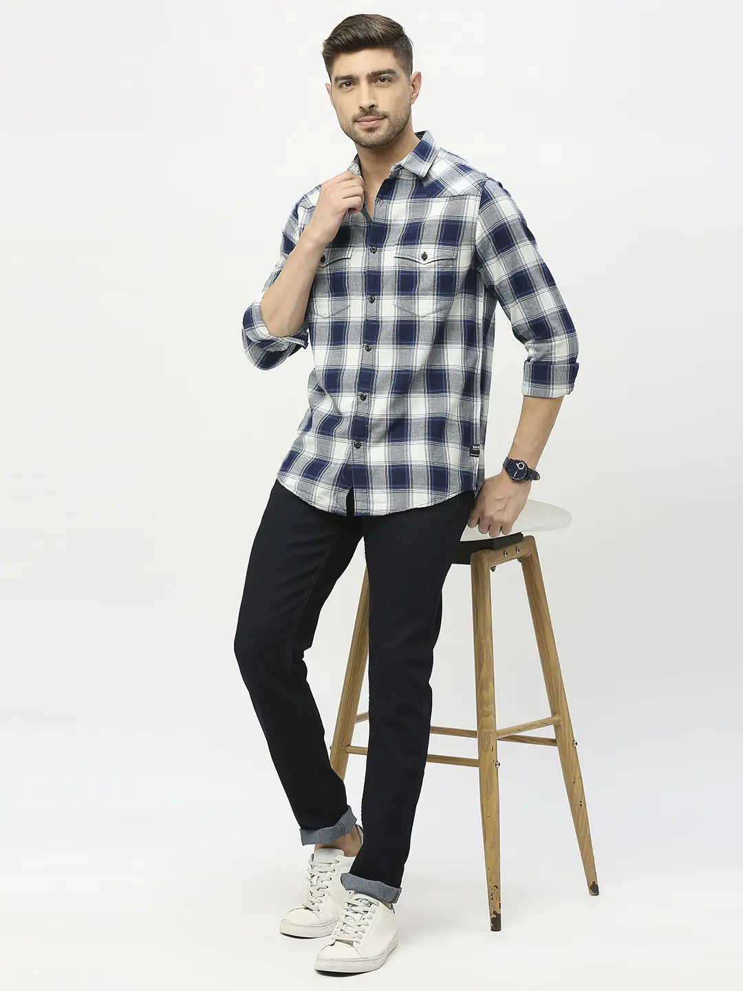 Buy OnlineSpykar Men Indigo Blue Cotton Twil Slim Fit Full Sleeve Checkred  Shirt