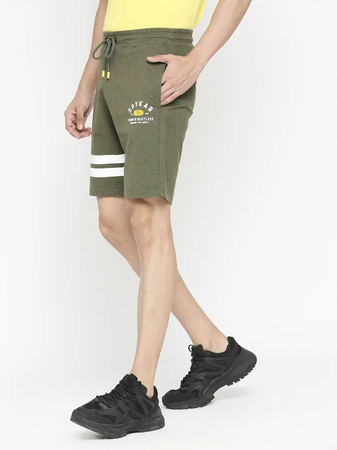 Spykar Men Olive Melange Cotton Regular Fit Knitted Shorts