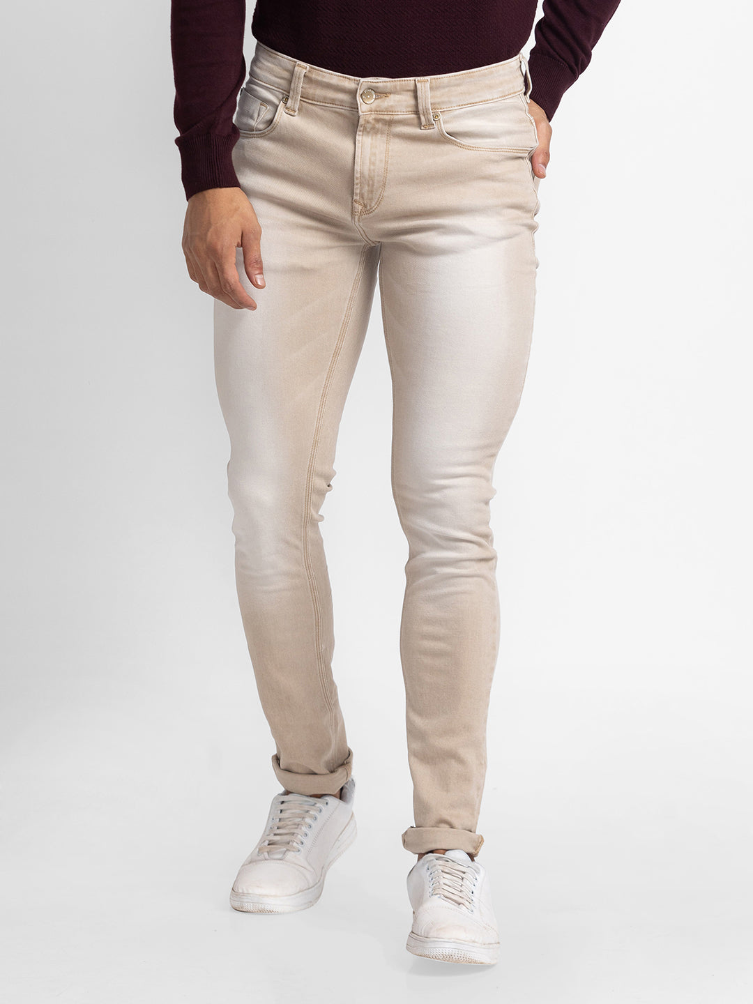 Spykar Light Sand Cotton Slim Fit Narrow Length Jeans For Men (Skinny)