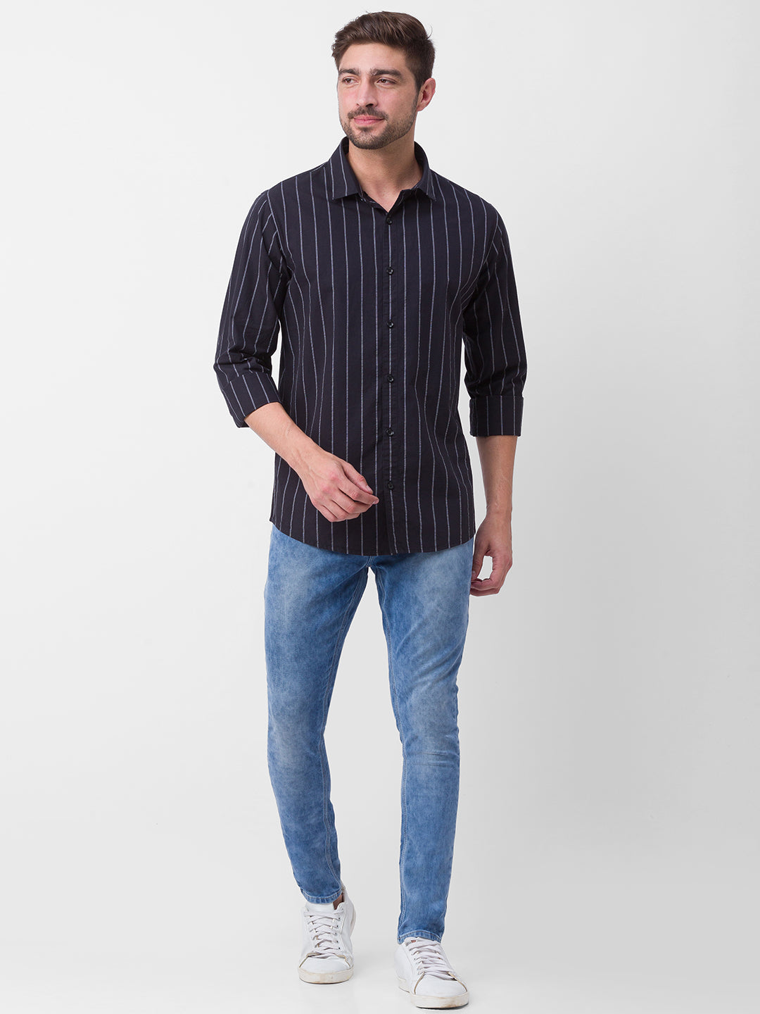 Spykar Black Cotton Full Sleeve Stripes Shirt For Men