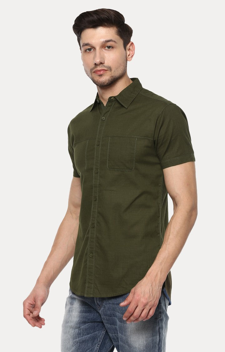 Spykar Men'S Green Cotton Solid Casual Shirts