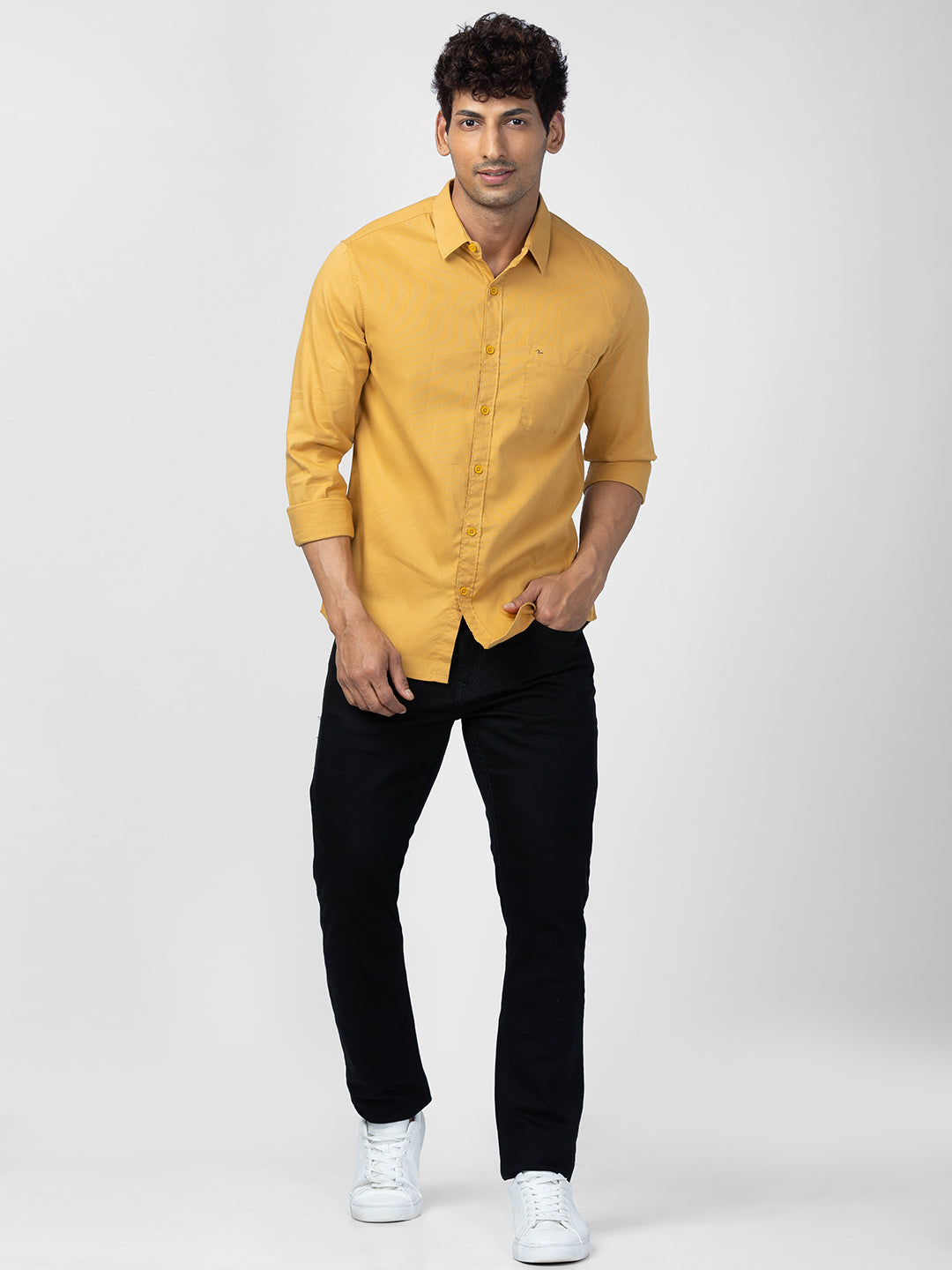 Spykar Men Sulphur Yellow Cotton Slim Fit Plain Shirt