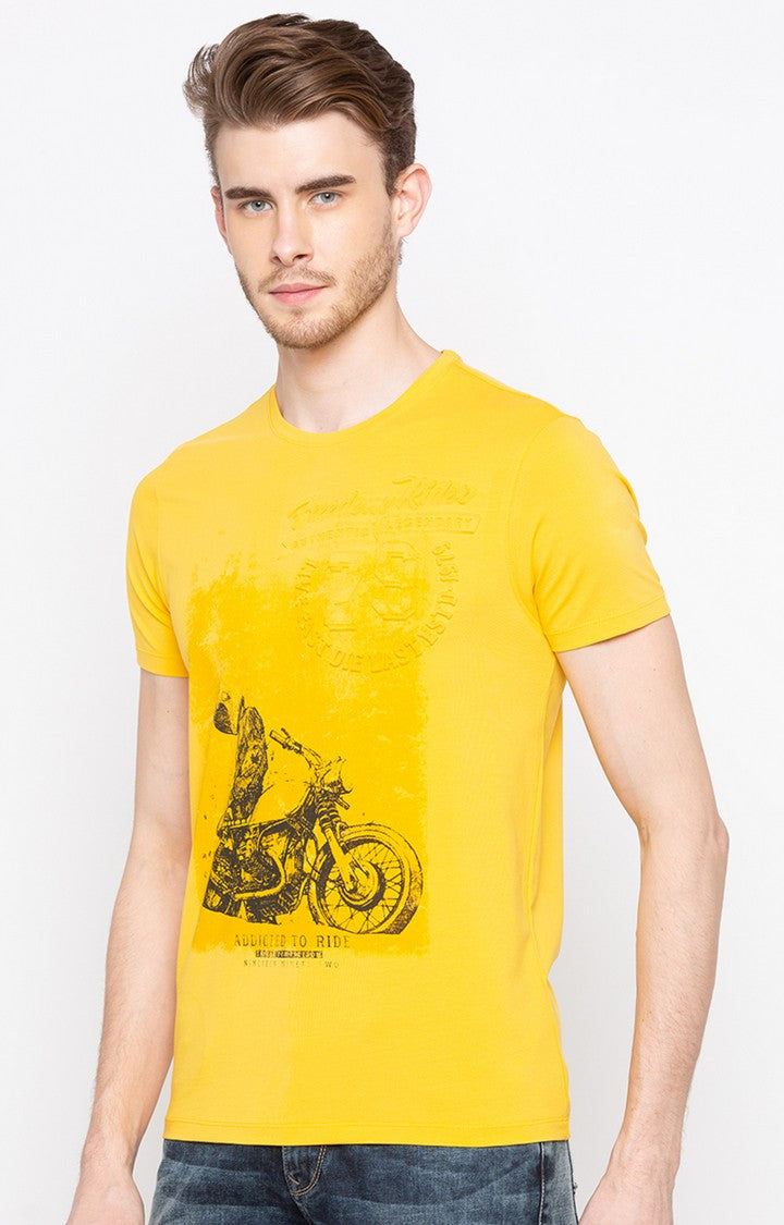 Spykar Yellow Printed Slim Fit Men T-Shirts