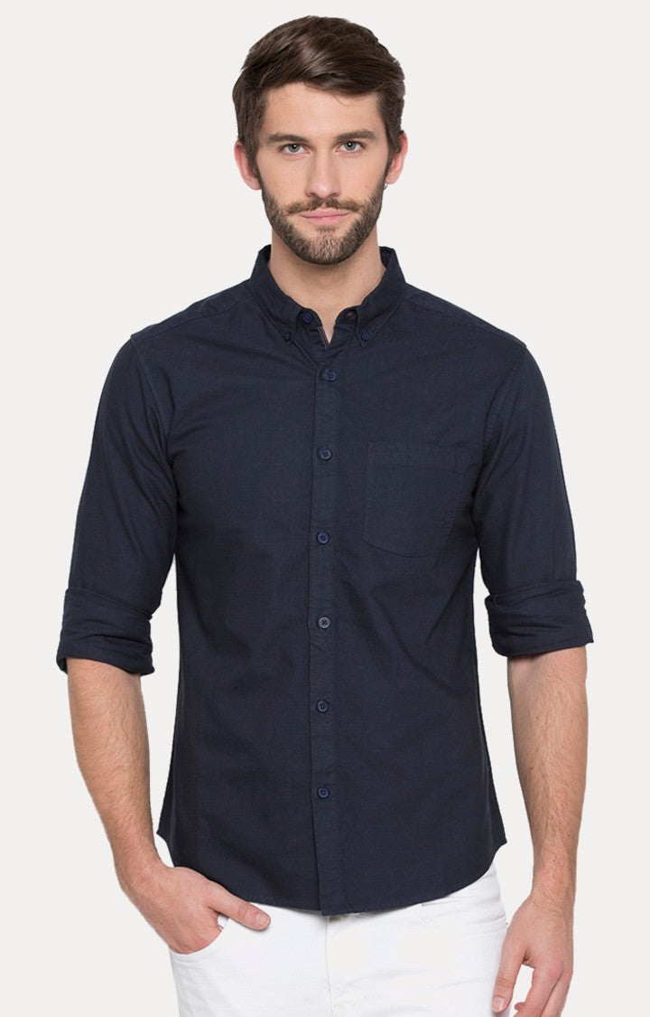 Spykar Men'S Blue Cotton Solid Casual Shirts