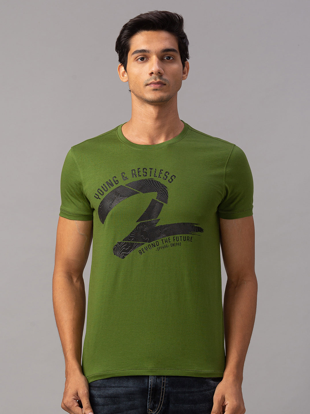 Spykar Men Green Cotton Slim Fit T-Shirt (Slim)