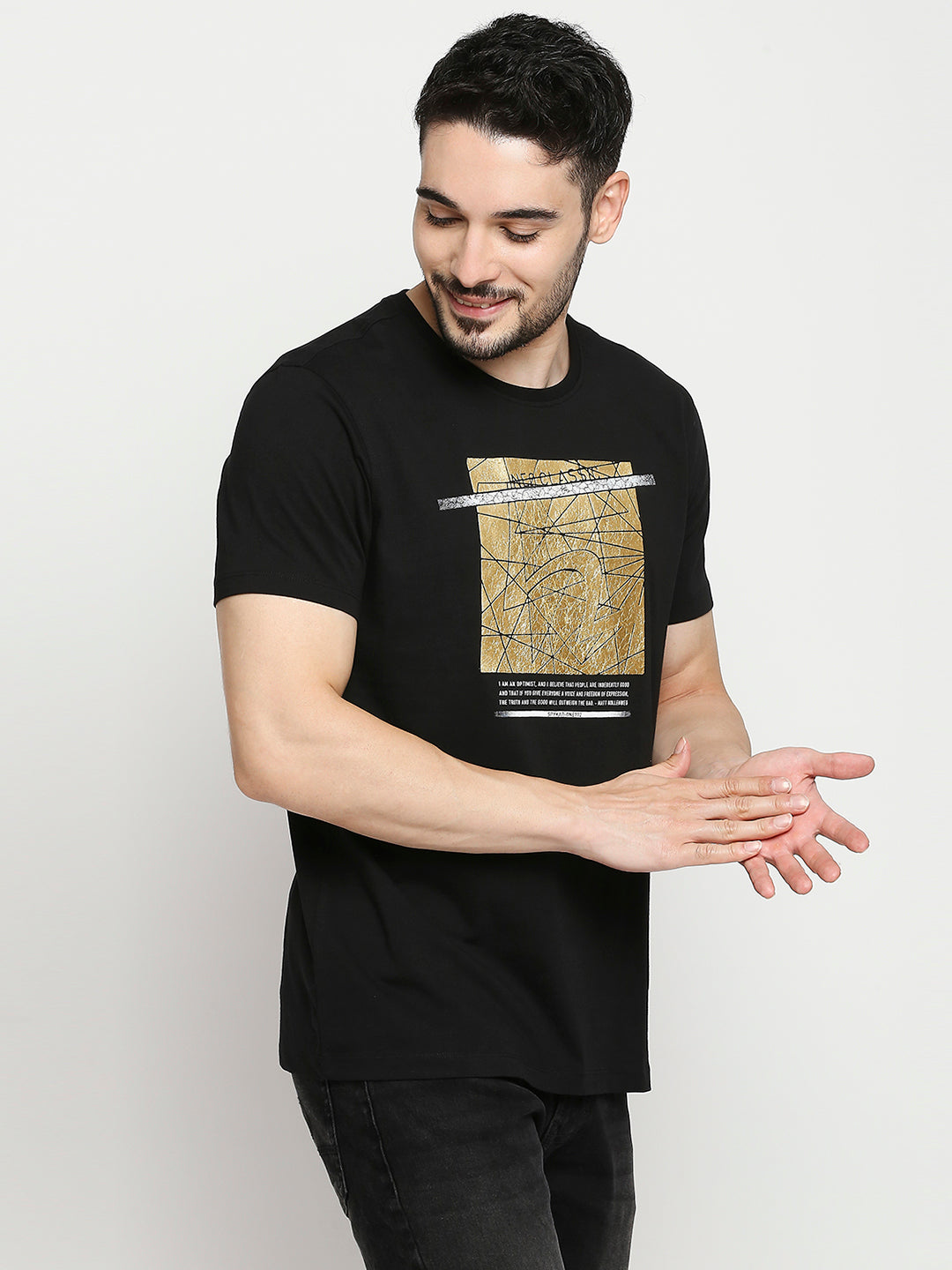 Spykar Black Cotton Half Sleeve Printed Casual T-Shirt For Men