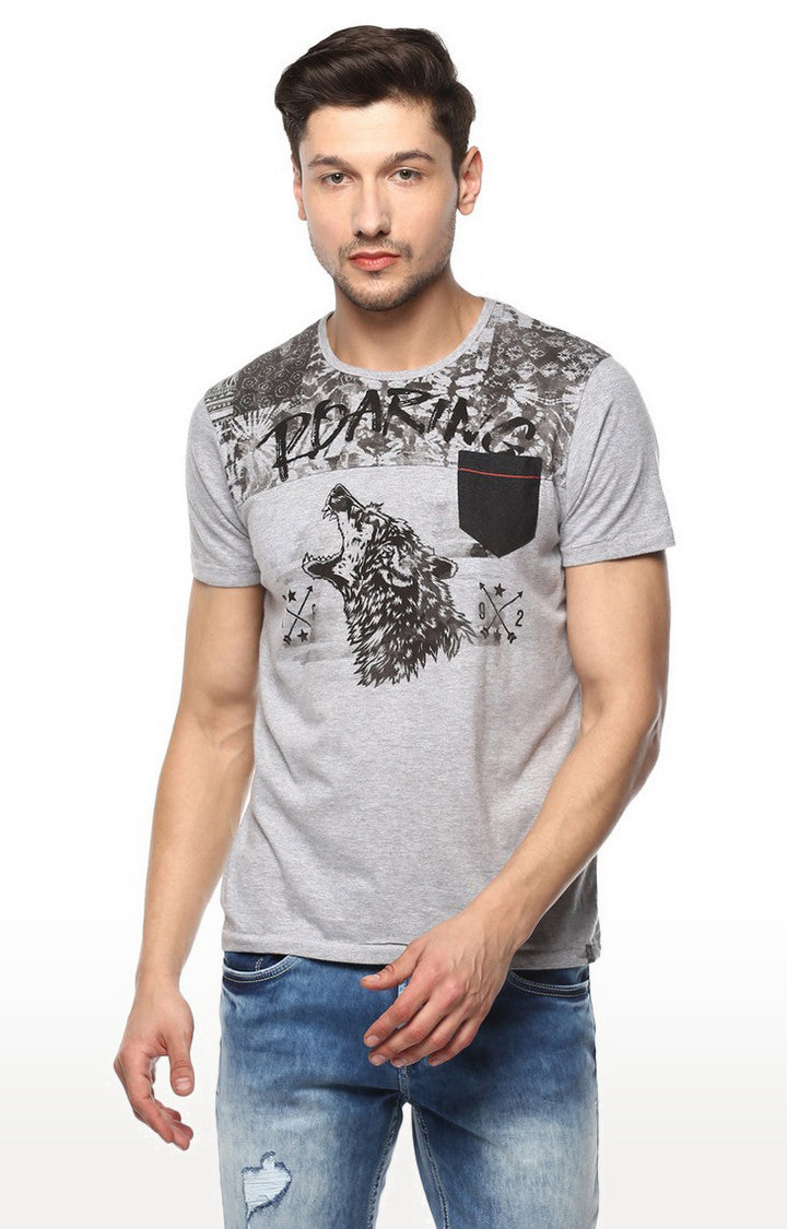 Spykar Grey Printed Slim Fit Men T-Shirts