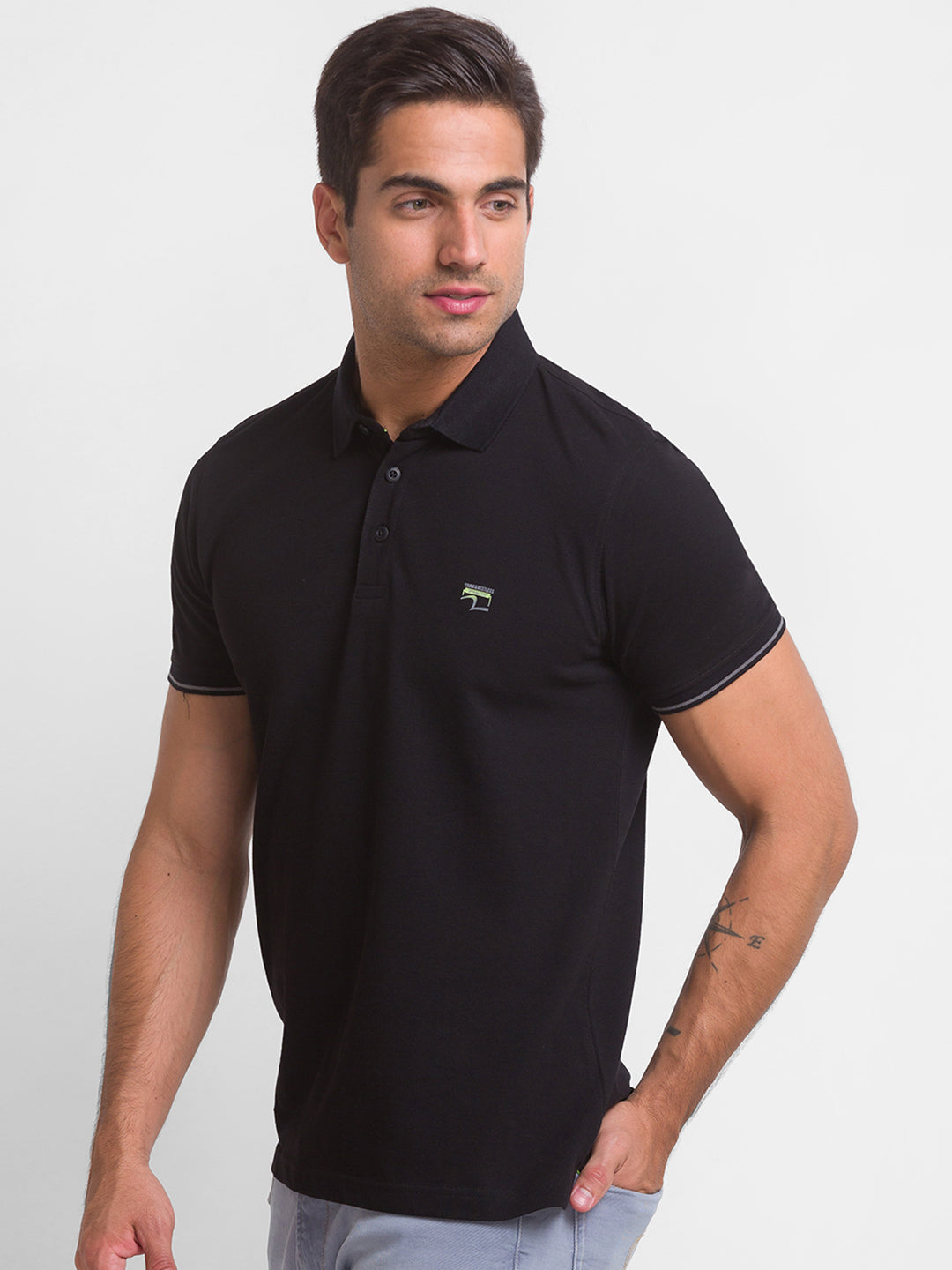 Spykar Black Cotton Half Sleeve Plain Casual Polo T-Shirt For Men