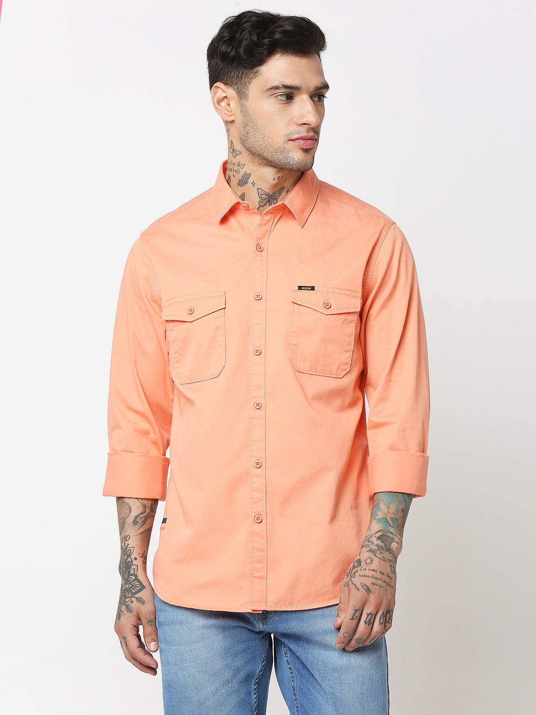 Spykar Men Peach Cotton Slim Fit Plain Shirts