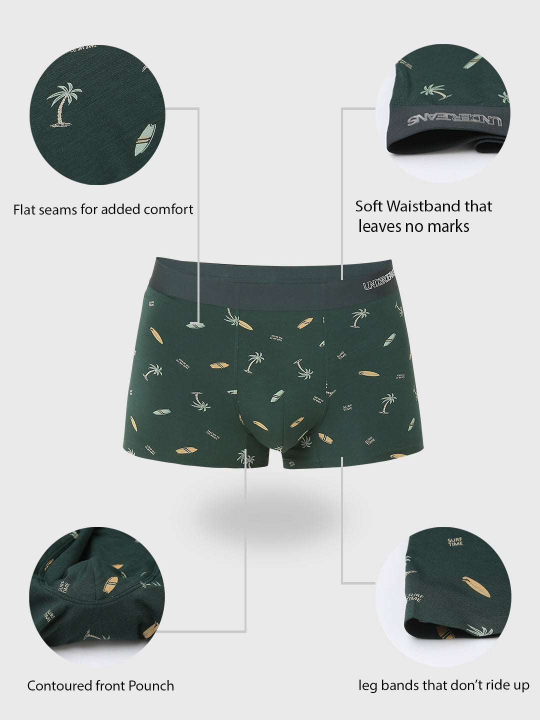 Underjeans By Spykar Men Super Premium Printed Bonded Elastic Bottle Green Trunk