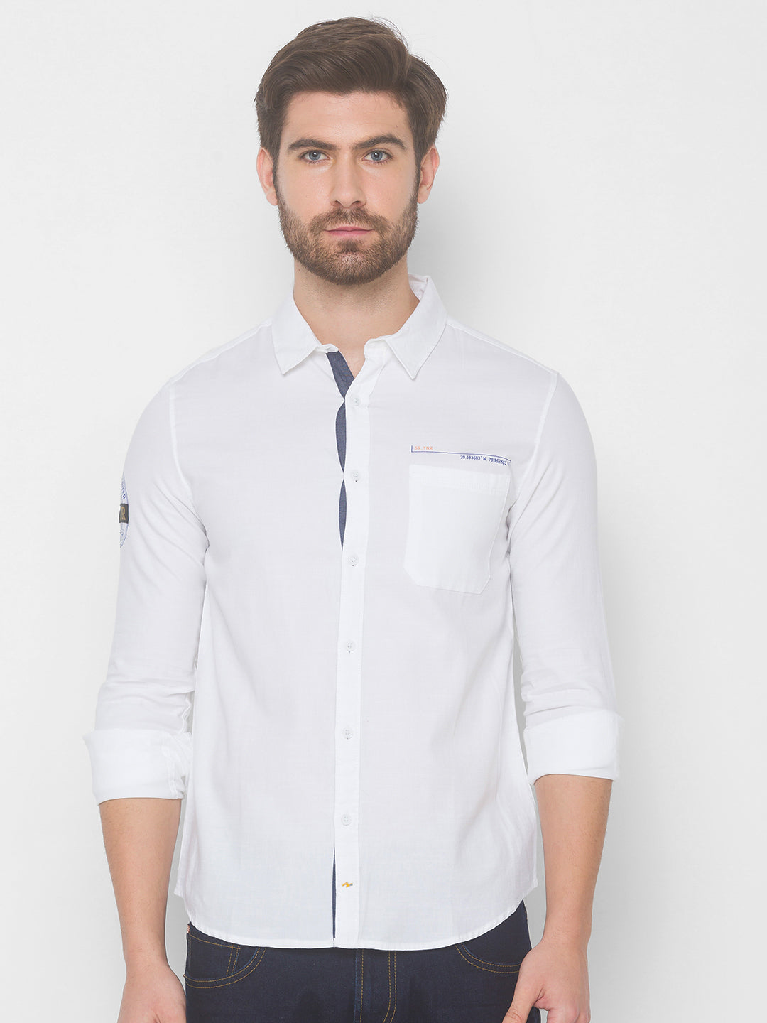 Spykar Men White Cotton Casual Slim Fit Shirt