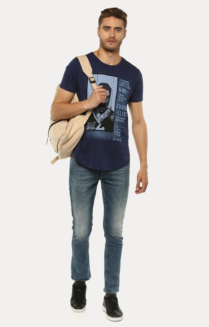 Spykar Navy Blue Printed Slim Fit Men T-Shirts