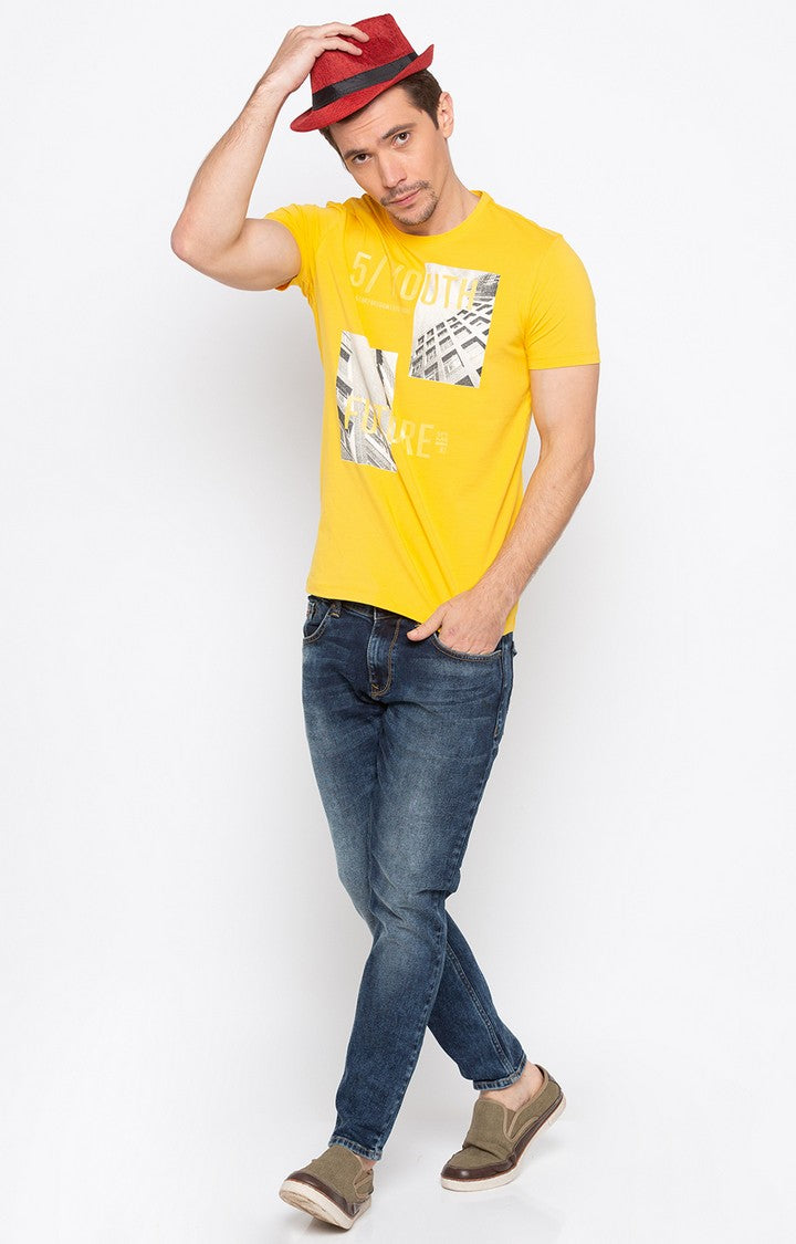 Spykar Yellow Printed Slim Fit Men T-Shirts