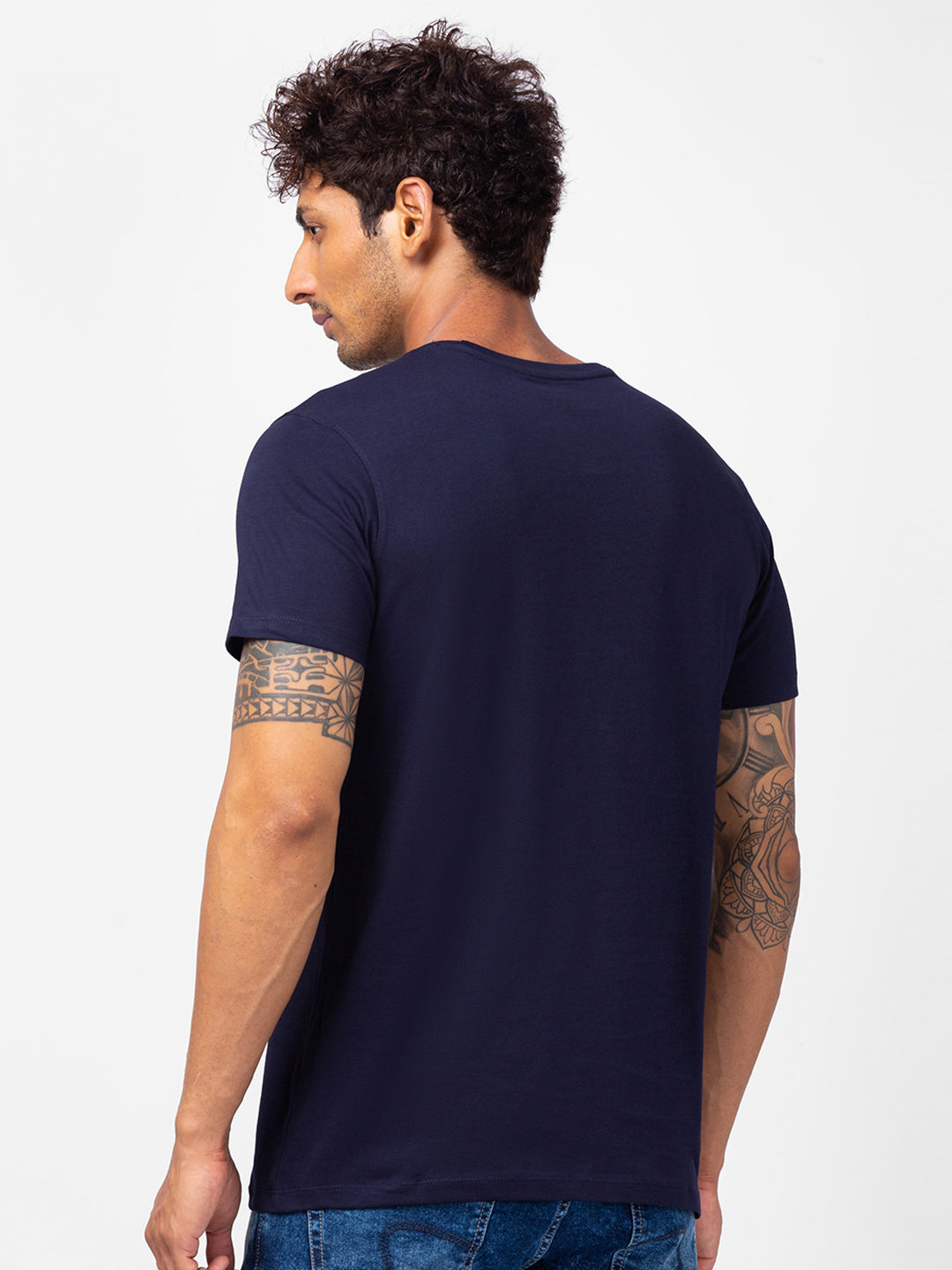 Spykar Men Navy Blue Cotton Slim Fit Round Neck Printed T-Shirt