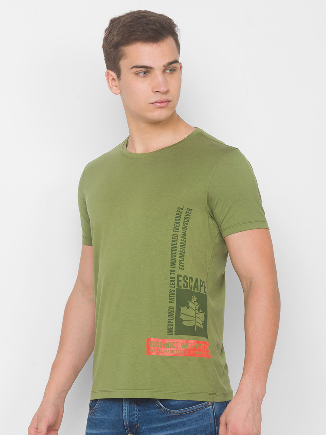 Spykar Men Green Cotton Slim Fit Round Neck T-Shirt