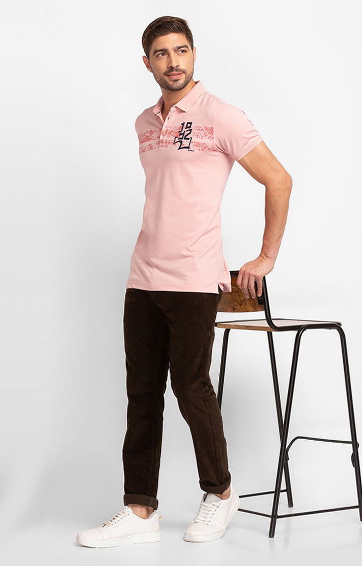 Spykar Dusty Pink Cotton Half Sleeve Printed Casual Polo T-Shirt For Men