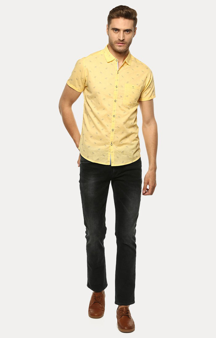 Spykar Men'S Yellow Cotton Printed Casual Shirts