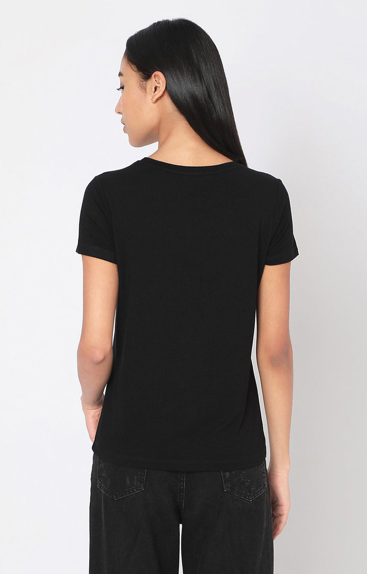 Spykar Women Black Cotton Regular Round Neck T-Shirts