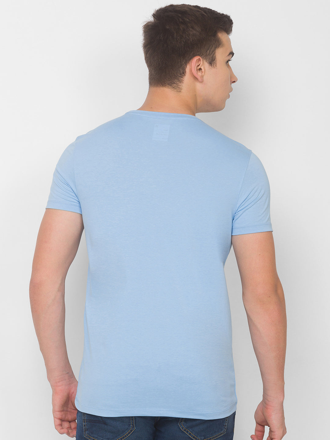 Spykar Men Blue Cotton Slim Fit Round Neck T-Shirt