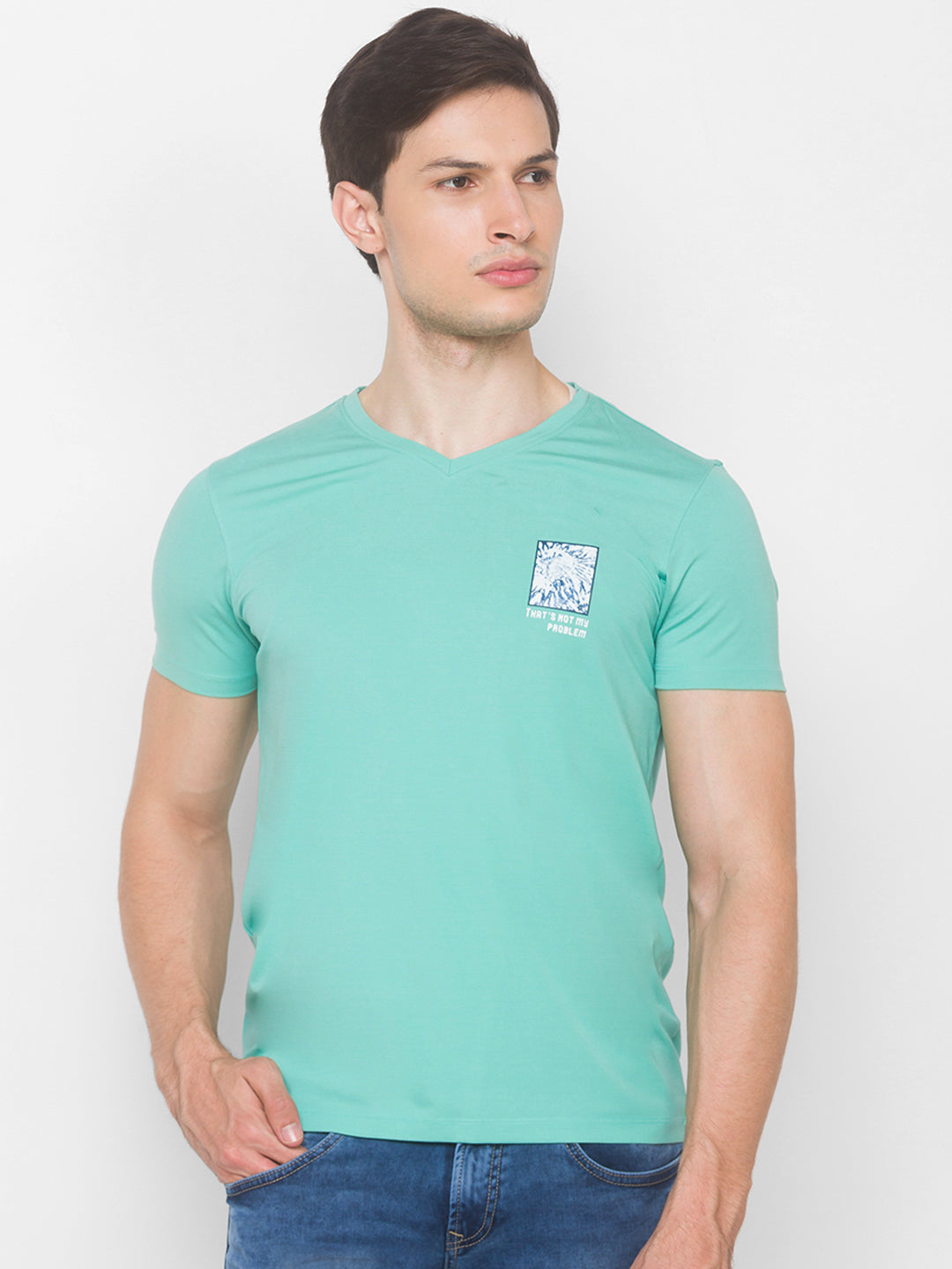 Spykar Men Green Cotton Slim Fit V-Neck T-Shirt