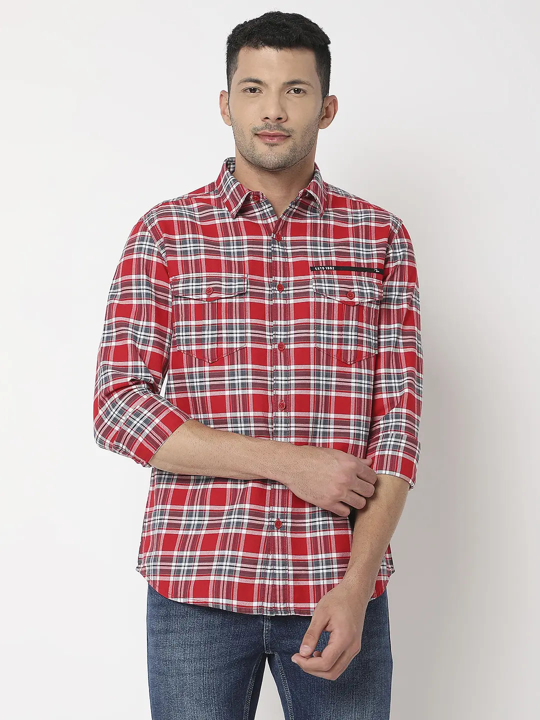 Spykar Men Red Cotton Slim Fit Checkered Shirt