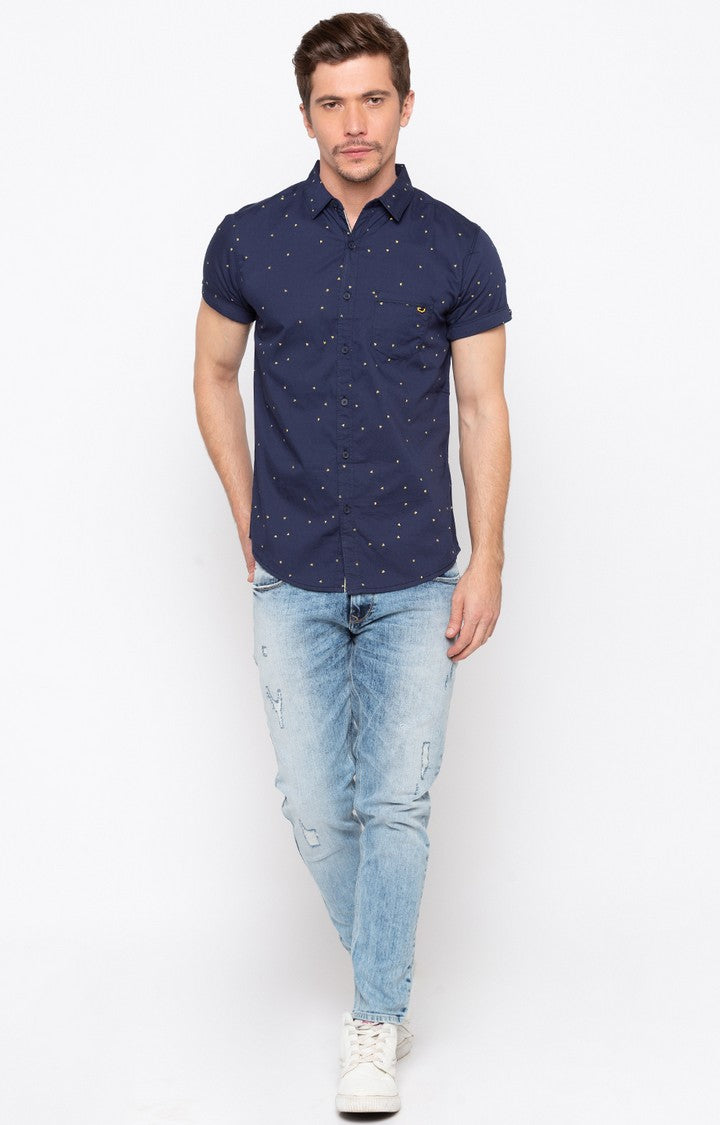 Spykar Men'S Blue Cotton Printed Casual Shirts