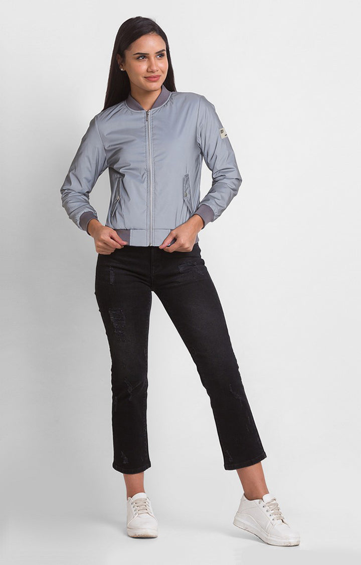 Spykar Silver Nylon Full Sleeve Casual Jacket For Women