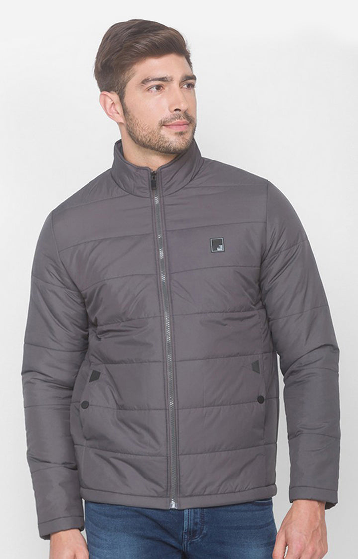 Spykar Dark Grey Polyester Men Front Open Jacket