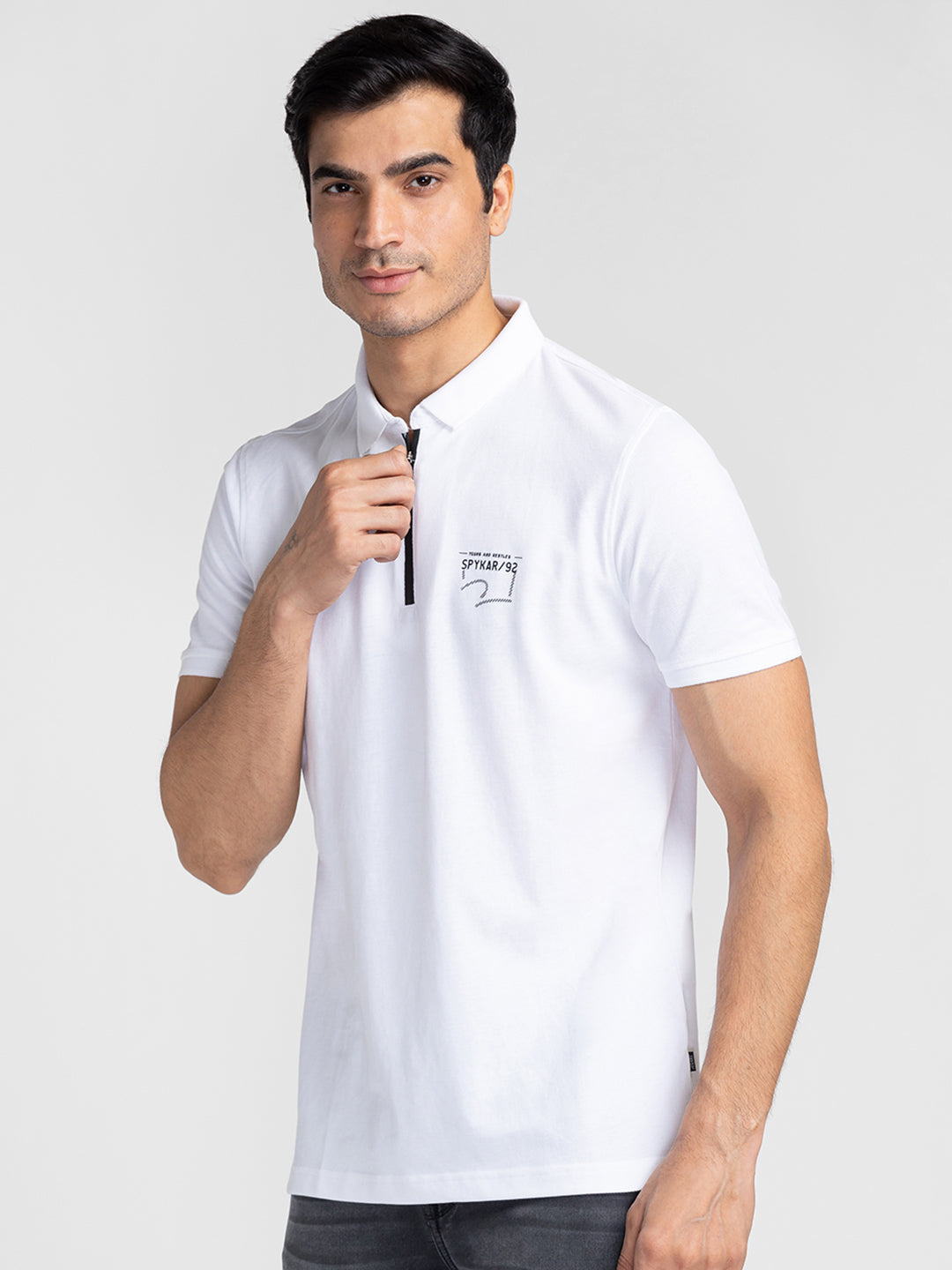 Spykar Men White Cotton Slim Fit Polo Printed T-Shirt