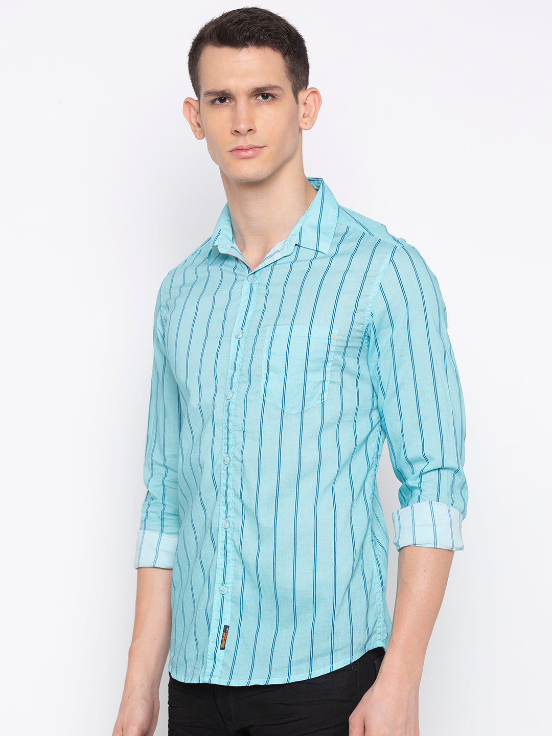 Spykar Men Mint Blue Cotton Slim Fit Shirt