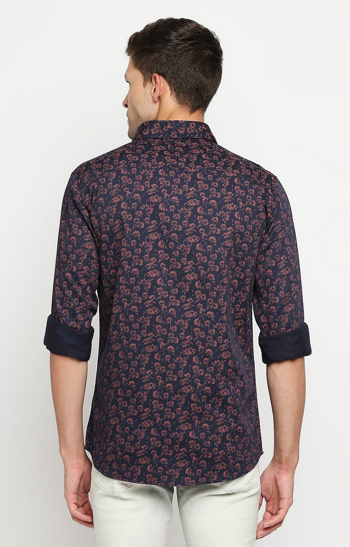 Spykar Men Navy Blue Cotton Slim Fit Floral Print Shirts