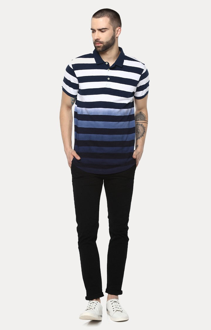 Spykar Dark Blue Striped Slim Fit Polo T-Shirt