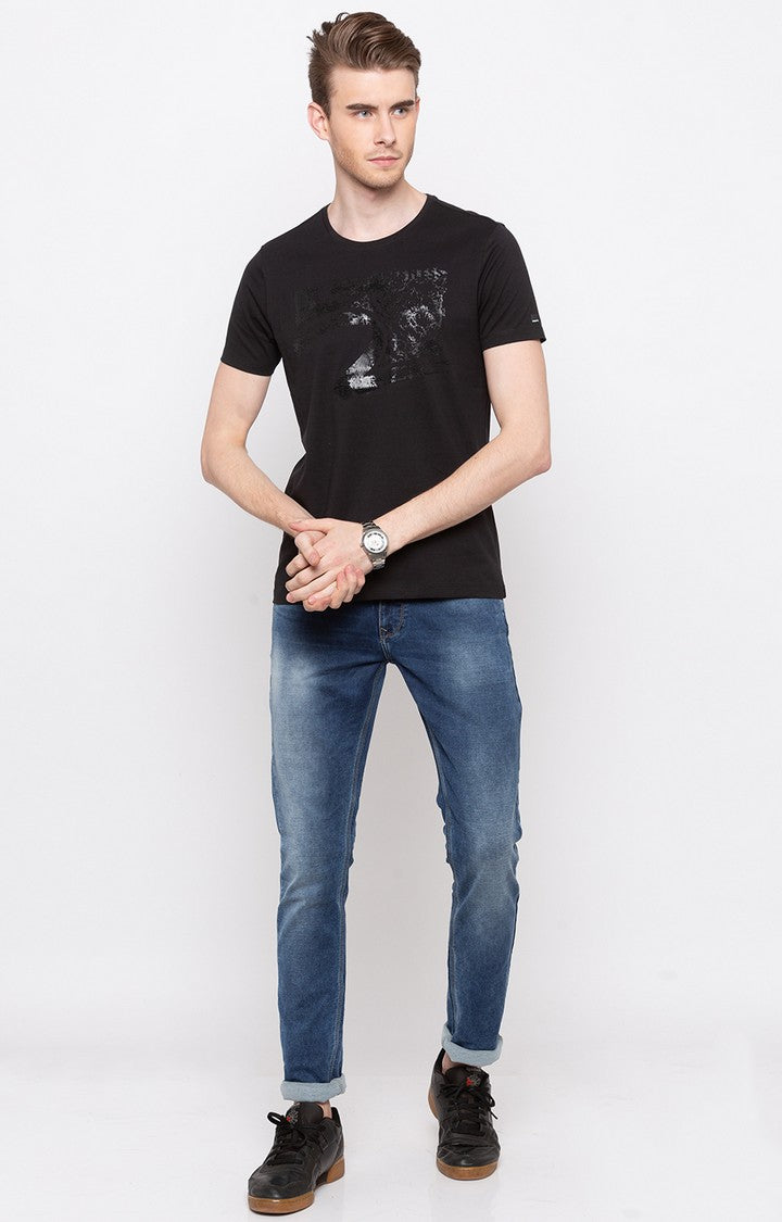 Spykar Black Printed Slim Fit Men T-Shirts